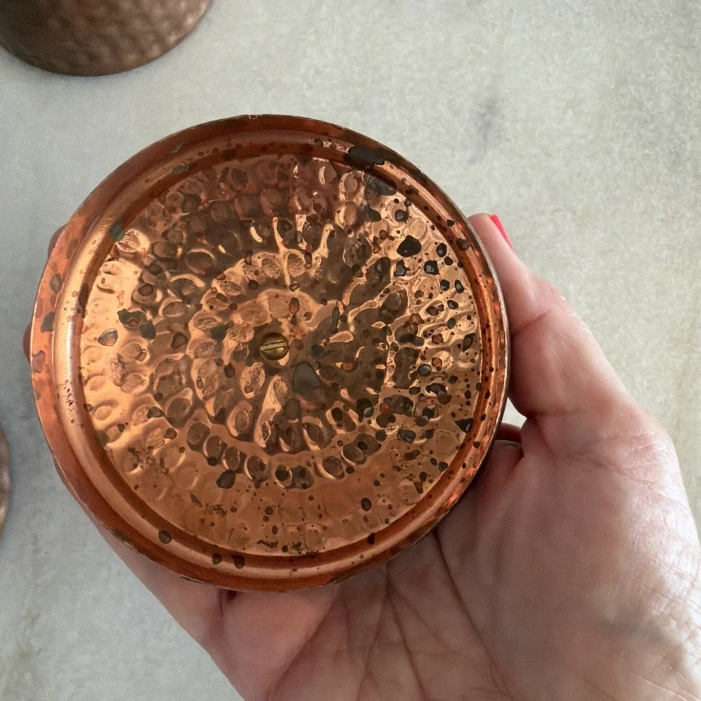 Set Of 2 Vintage Hammered Copper Canisters Brass Pulls GW006